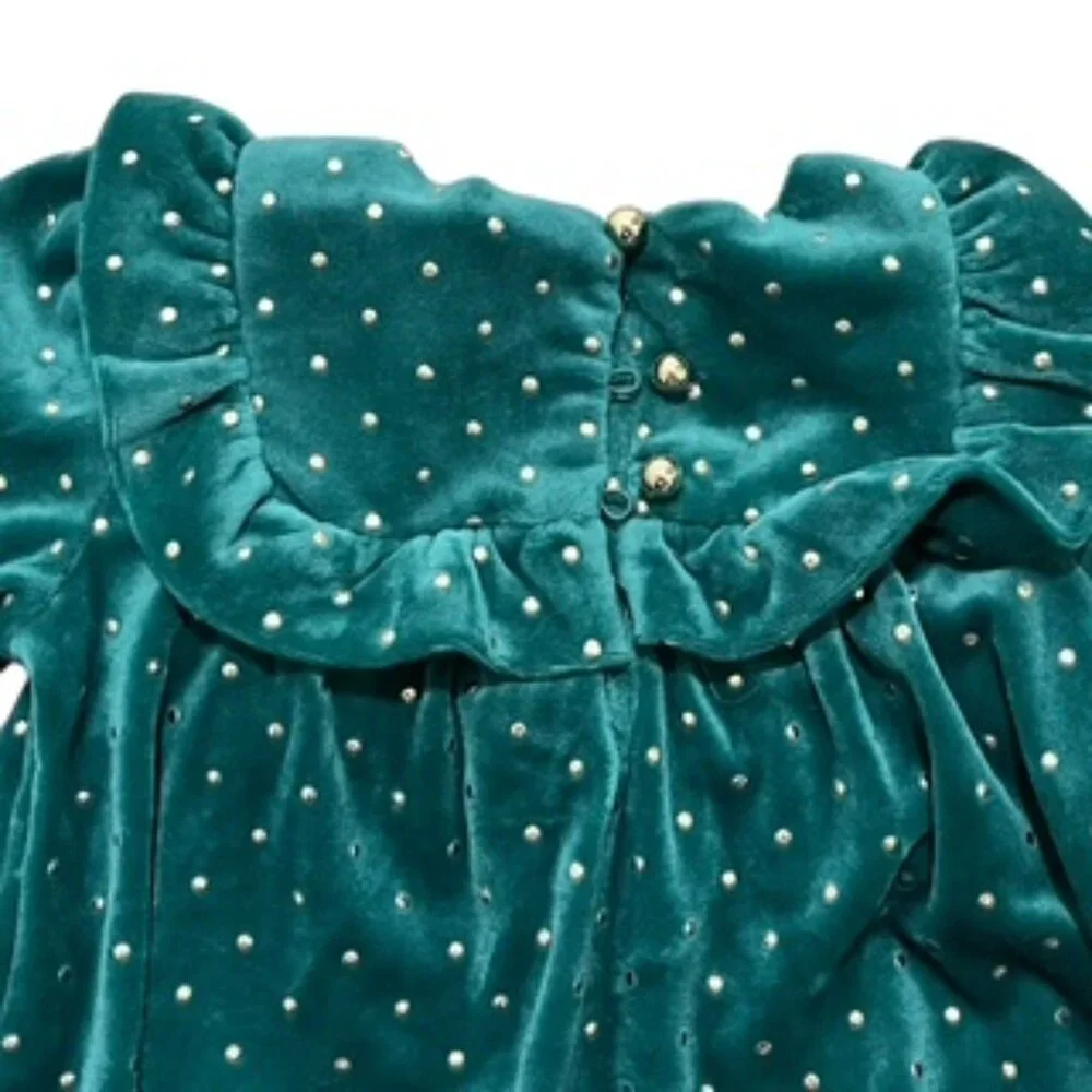 New Tahari Dress Girls Size 2 Green Velour Velvet With Gold Studs & Headband NWT